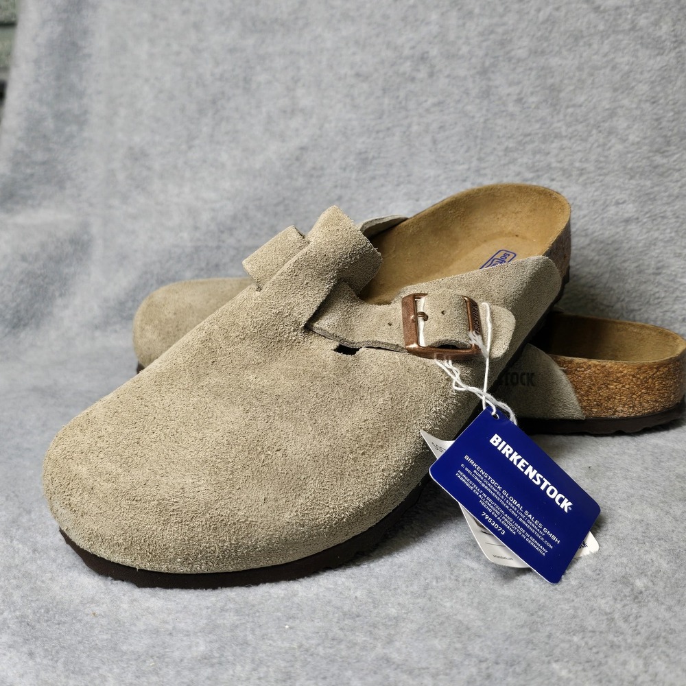 Birkenstock Boston Sandals Mens Size 9 Beige Suede Slip On Clogs Soft Footbed